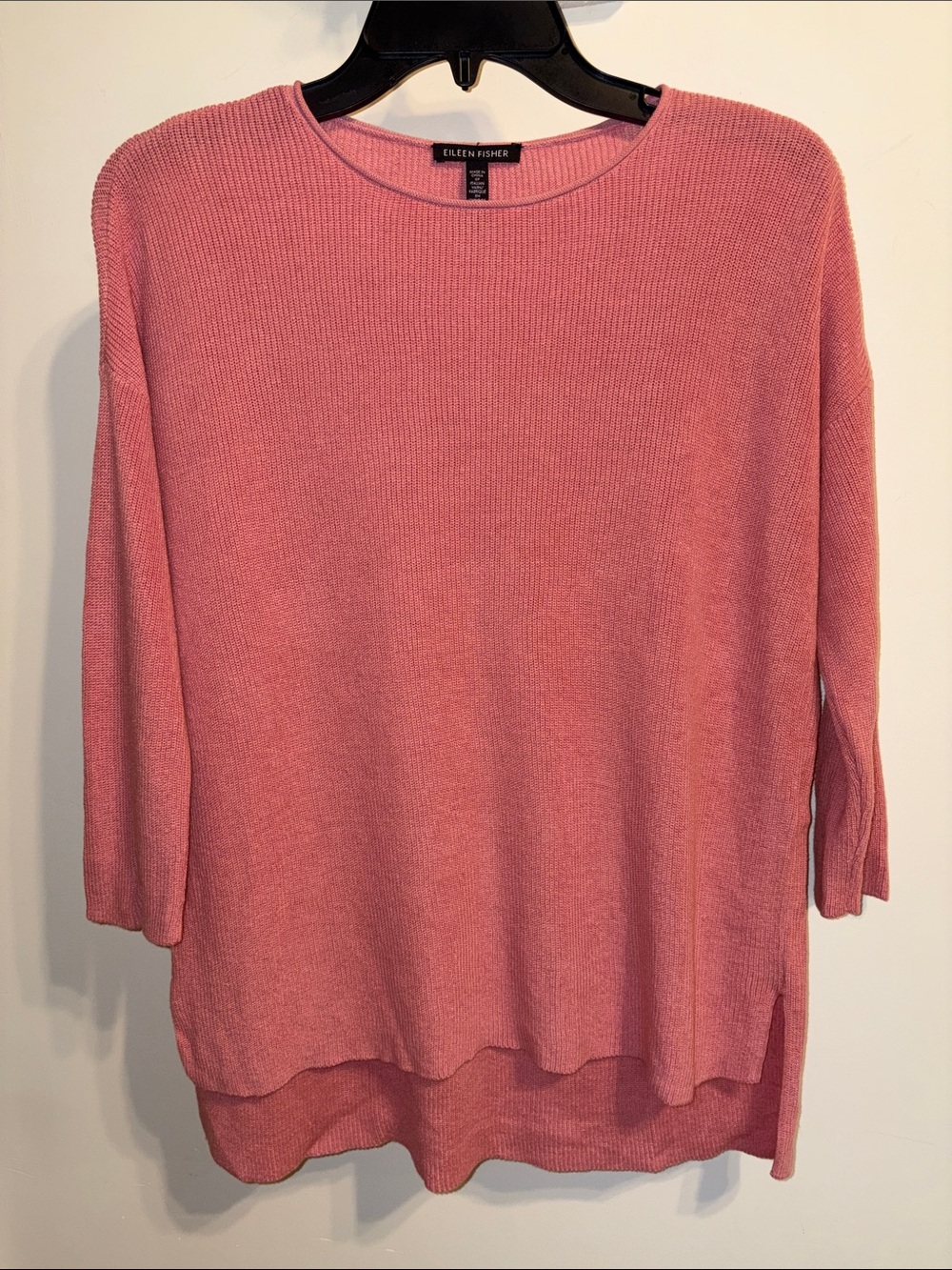 Eileen Fisher Organic Linen Cotton Sweater XS Dusty Pink Hi Low Hem 3/4 Sleeve